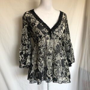 Sheer Black & Ivory Floral V-Neck Blouse